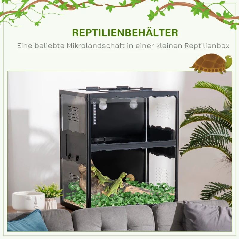 PawHut Terrarium für Reptilien, verriegelbar, Thermometer, 2 Lampenhalterungen, Wasserschale, Metall, Schwarz