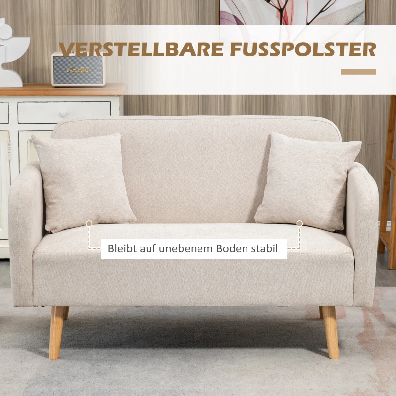 HOMCOM 2-zitsbank, Moderne Design Bank, inclusief 2 kussens, houten poten, 130 x 70 x 80 cm, Crème(m-6)