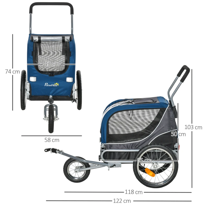 PawHut 2-in-1 Hundeanhänger Haustier Fahrradanhänger Hundetransporter Hunde Fahrrad Anhänger Oxfordstoff Atmungsaktiv Metall Oxford Gewebe Blau+Grau 122 x 58 x 74 cm