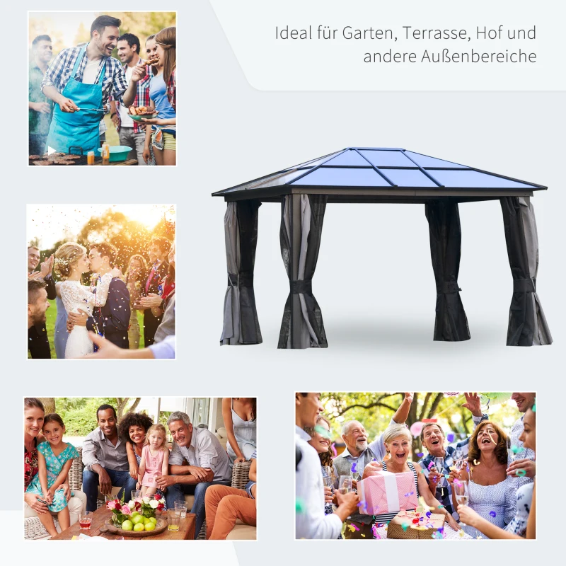 Outsunny Pavillon mit Polycarbonatdach, Vorhänge mit Fliegennetz, Alugestell, Dunkelgrau+Schwarz, 3,6 x 3 x 2,6 m
