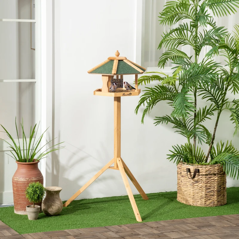 PawHut Vogelhaus, Futterhaus mit Ständer, herausnehmbare Futterschale, 77 cm x 77 cm x 126 cm, Gelb + Grün