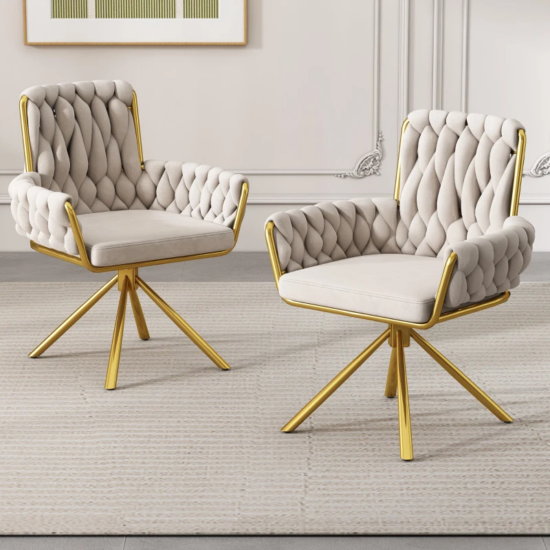 Set di 2 Sedie Imbottite in tessuto effetto velluto con Funzione Girevole a 360°, Schienale Alto e Braccioli, Struttura in Acciaio, Beige