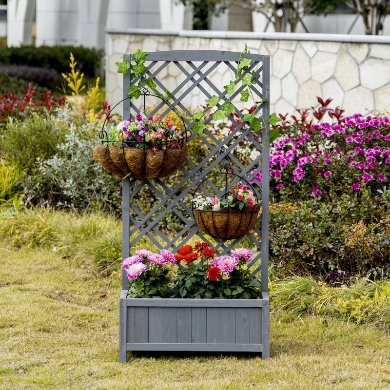 Outsunny  Hochbeet Blumenständer Garten Pflanzkasten mit Rankgitter Holz Rankkasten Grau 60 x 30 x 122,5 cm