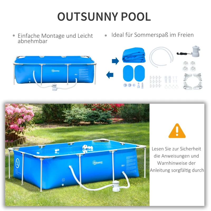 Outsunny Rahmenpool mit Schlauch Draht Swimmingpool Schwimmbad Ablassventil für sauberen Wasser 1000D PVC Stahl Blau 252 x 152 x 65 cm