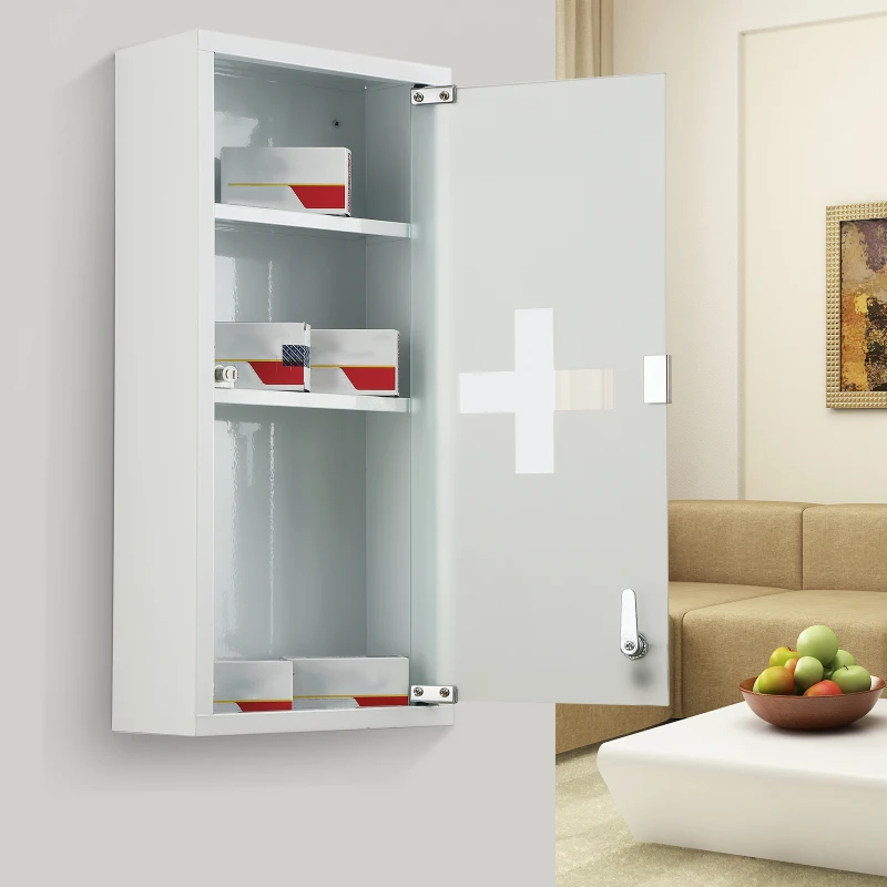 HOMCOM Medizinschrank Arzneischrank Medikamentenschrank mit 3 Ebenen Erste-Hilfe-Schrank mit Schloss Apothekerschrank mit Mattglastür Stahl Weiß 27 x 57 x 12 cm