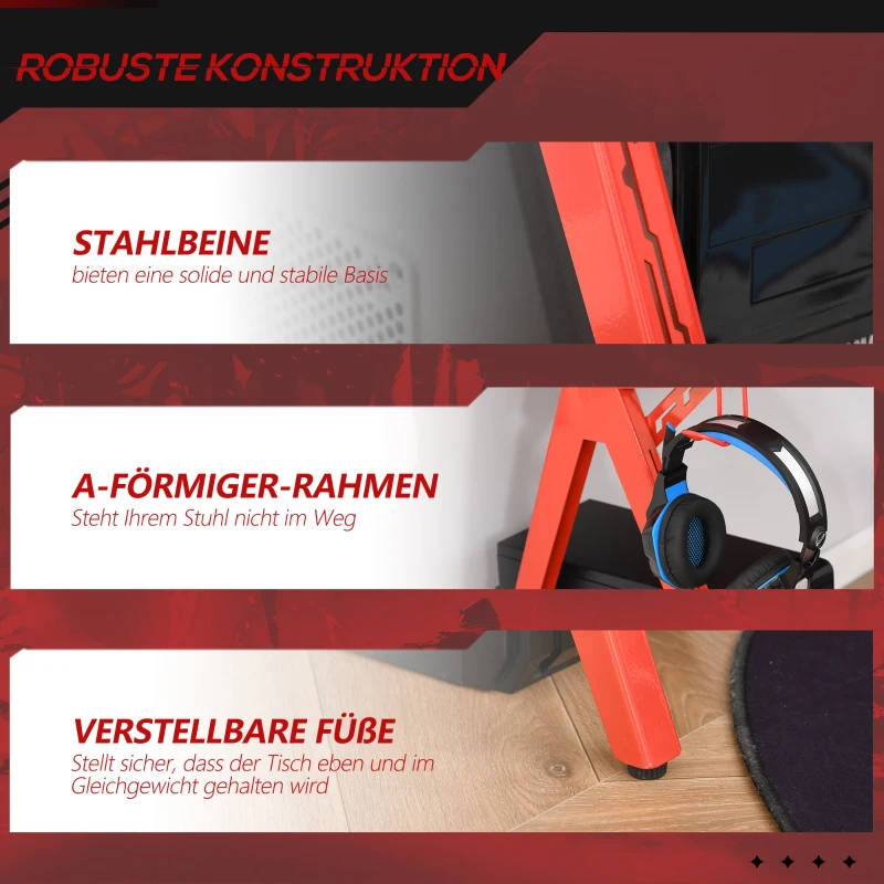 HOMCOM Gaming Tisch Schreibtisch Computertisch Arbeitstisch mit Gamepad-Halter Getränkehalter E-Sport Stil MDF Metall Schwarz+Rot 135,5 x 60 x 95 cm