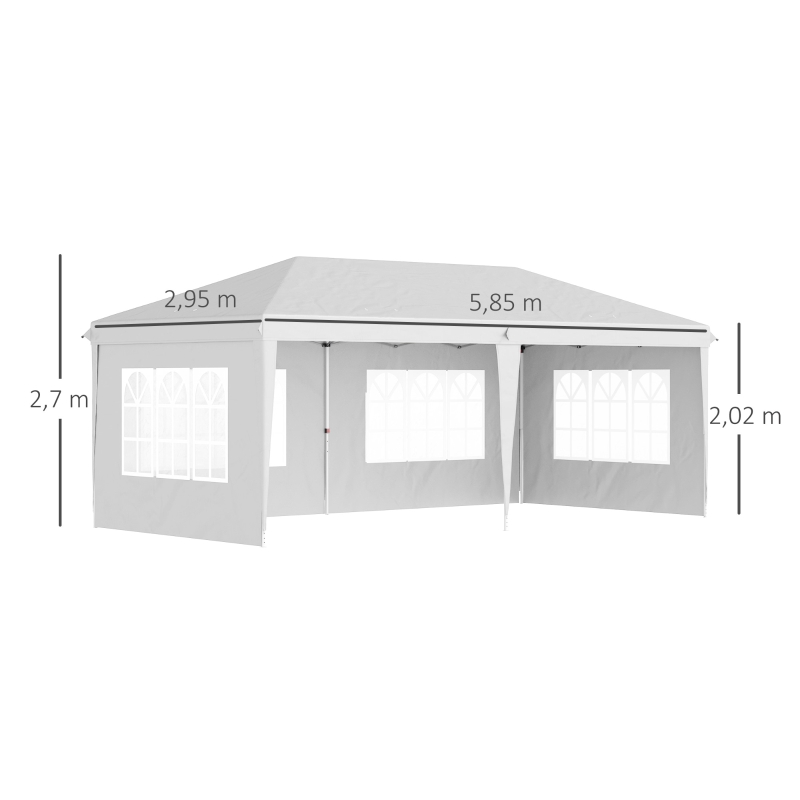 Outsunny Opvouwbare paviljoen, feesttent, 4 grote ramen, afneembare zijwanden, metalen frame, 5,85 x 2,95 x 2,7 m, wit