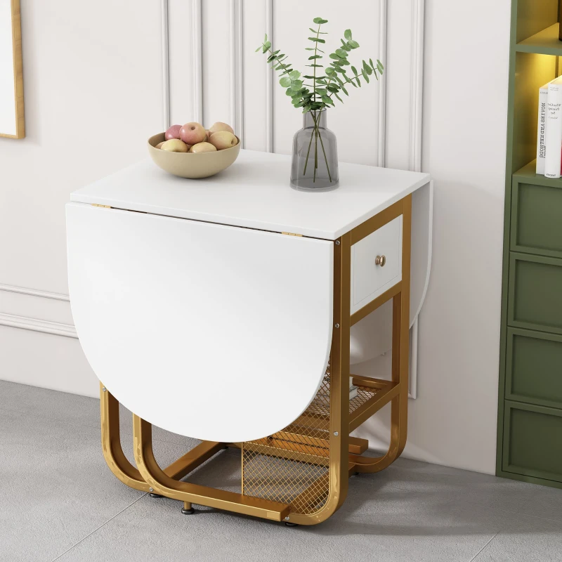 Mesa de Comedor Extensible y Plegable con Cajones y Espacio de Almacenamiento Blanco y Dorado