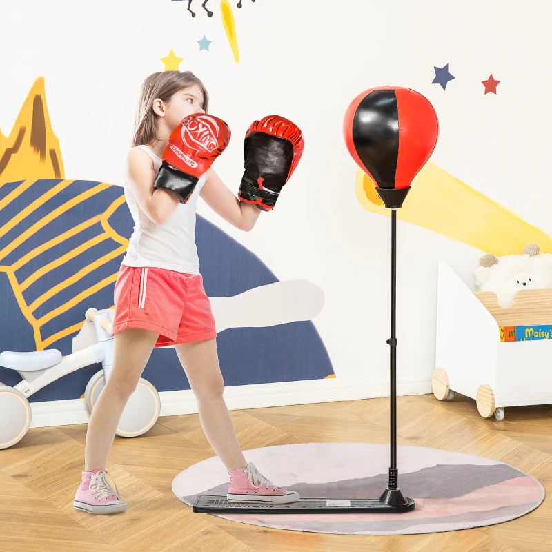 HOMCOM Boxset Boxstand für Kinder Punchingball Set höhenverstellbar 87,5-129,5 cm Standboxsack mit Boxhandschuhe Pumpe für Kinder 5-8 Jahre Metall Kunstleder Schwarz+Rot
