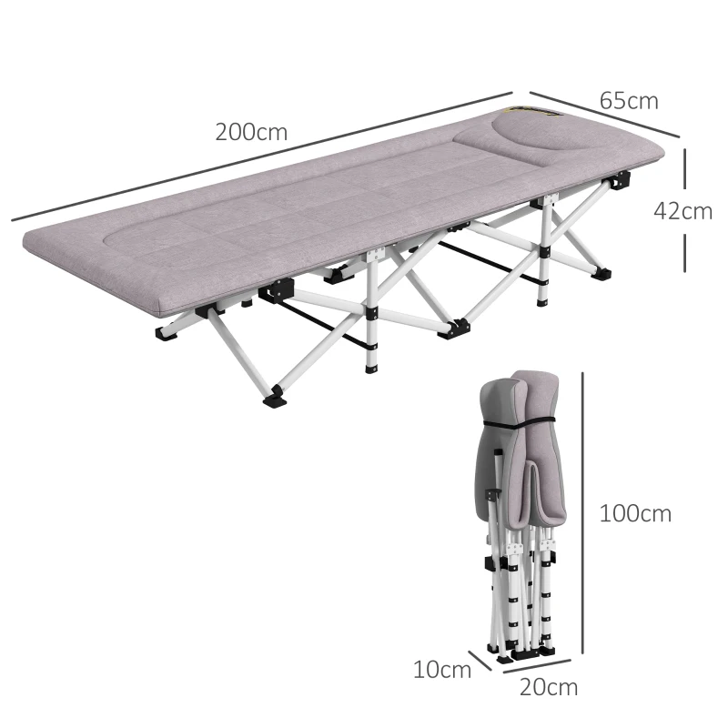 Outsunny Veldbed, Campingbed, opvouwbaar, zacht, tot 200 kg, roestvrij stalen frame, 200x65x42cm, Grijs