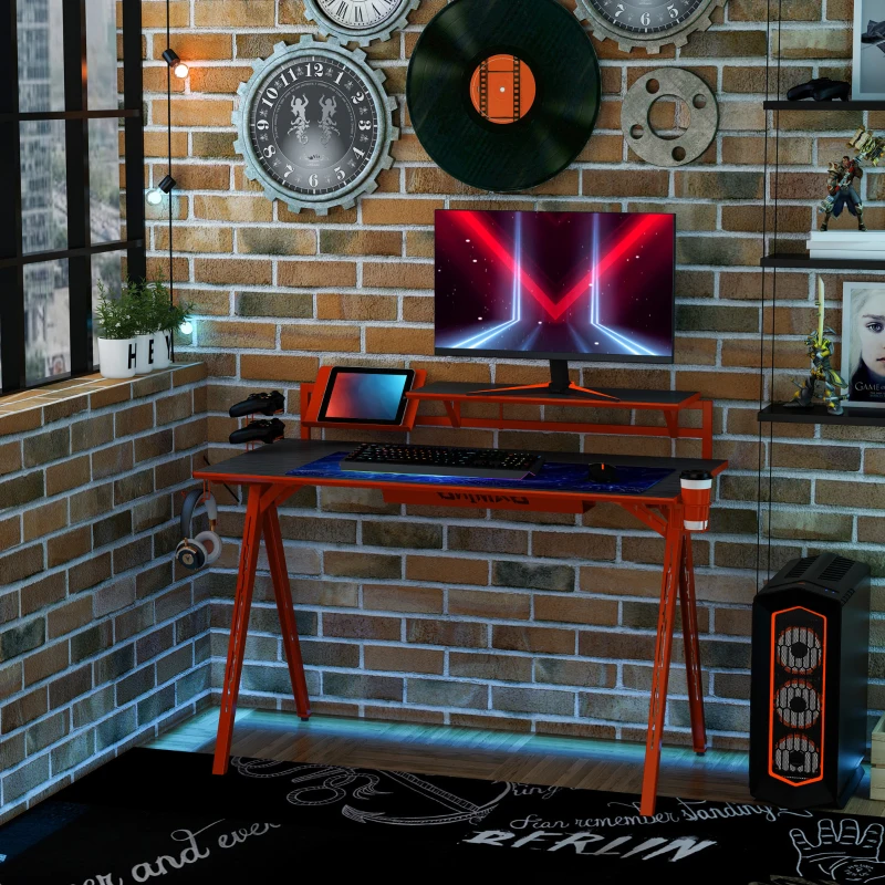 HOMCOM Gaming Tisch Schreibtisch Computertisch Arbeitstisch mit Gamepad-Halter Getränkehalter E-Sport Stil MDF Metall Schwarz+Rot 135,5 x 60 x 95 cm