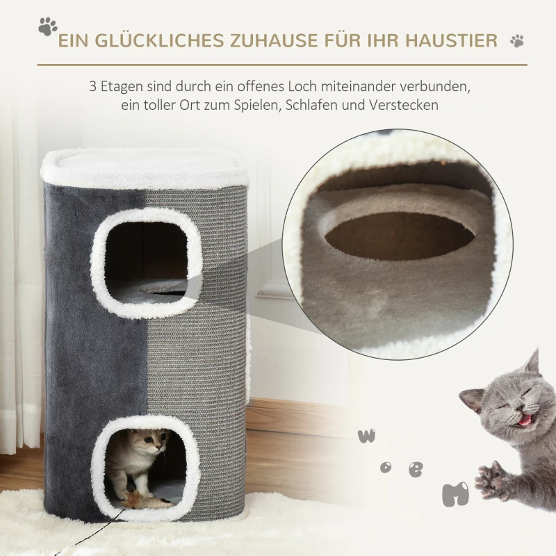 PawHut kattenkrabpaal kattenbak 3 niveaus kattenboom klimboom voor katten kattenmeubel spaanplaat fluweelachtig polyester sisal grijs + wit 40 x 40 x 74 cm