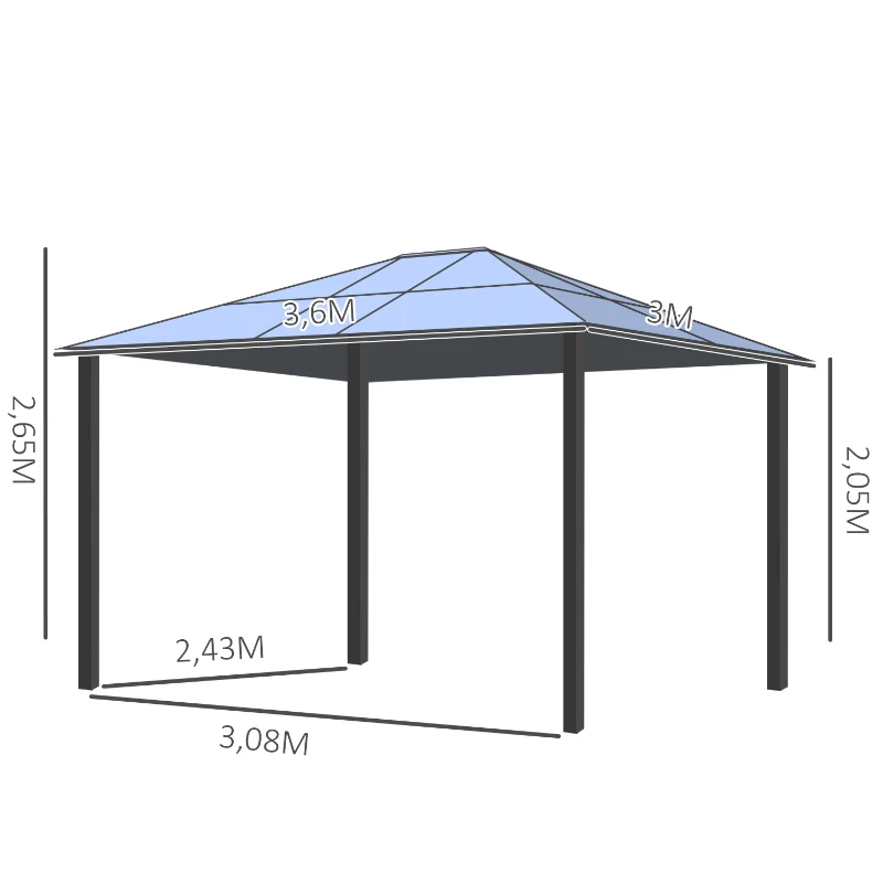 Outsunny Pavillon mit Polycarbonatdach, Vorhänge mit Fliegennetz, Alugestell, Dunkelgrau+Schwarz, 3,6 x 3 x 2,6 m