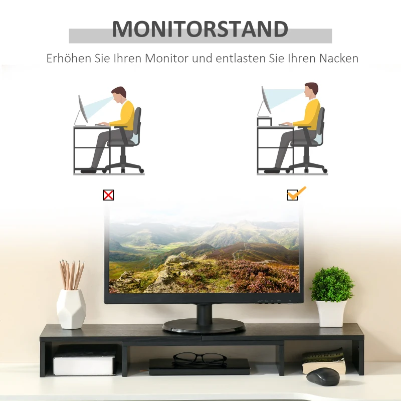 Vinsetto Monitorstandaard Verstelbare Lengte & Hoek Dubbele Monitor Standaard Houten Schap Monitorhouder voor Computerscherm Laptop 80-117 x 23,5 x 10 cm