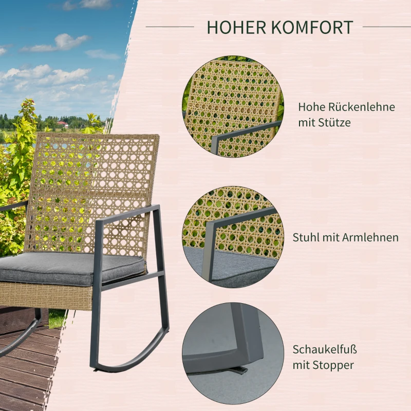 Outsunny Rattan-Schaukelstuhl Bistroset für 2 Personen 2 Stühle 1 Tisch mit Kissen Natur+Grau