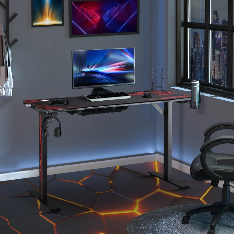 HOMCOM Gaming-tafel PC-tafel bureau met koptelefoonhaak bekerhouder computertafel metaal MDF zwart + rood 140 x 70 x 77 cm