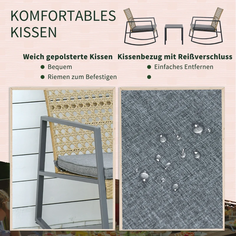 Outsunny Rattan-Schaukelstuhl Bistroset für 2 Personen 2 Stühle 1 Tisch mit Kissen Natur+Grau