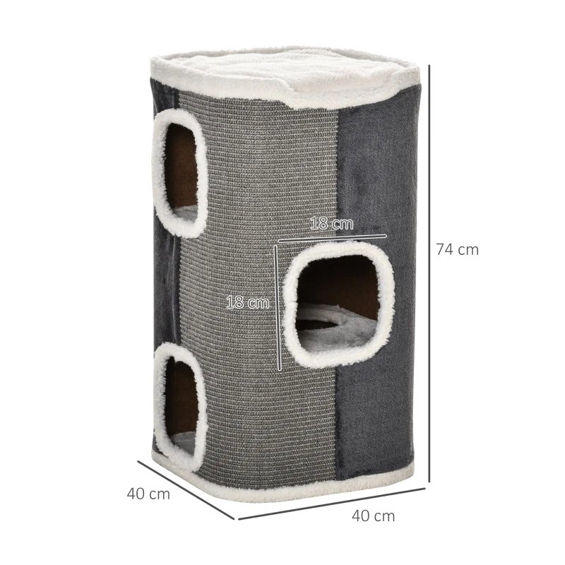 PawHut kattenkrabpaal kattenbak 3 niveaus kattenboom klimboom voor katten kattenmeubel spaanplaat fluweelachtig polyester sisal grijs + wit 40 x 40 x 74 cm