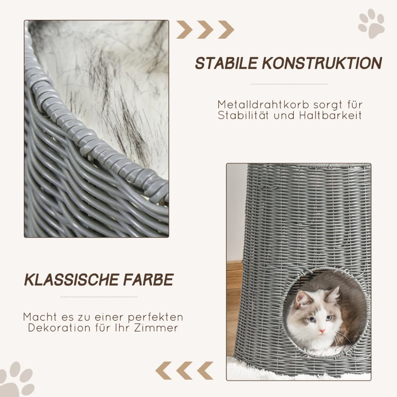 PawHut Katzenhöhle aus Rattan Katzenhaus Katzenbett Katzenkorb mit 2 Kissen Weidenkorb mit Liegedach zweistöckig geschlossenes Design handgewebt PE-Rattan Baumwolle Grau 45 x 45 x 50 cm