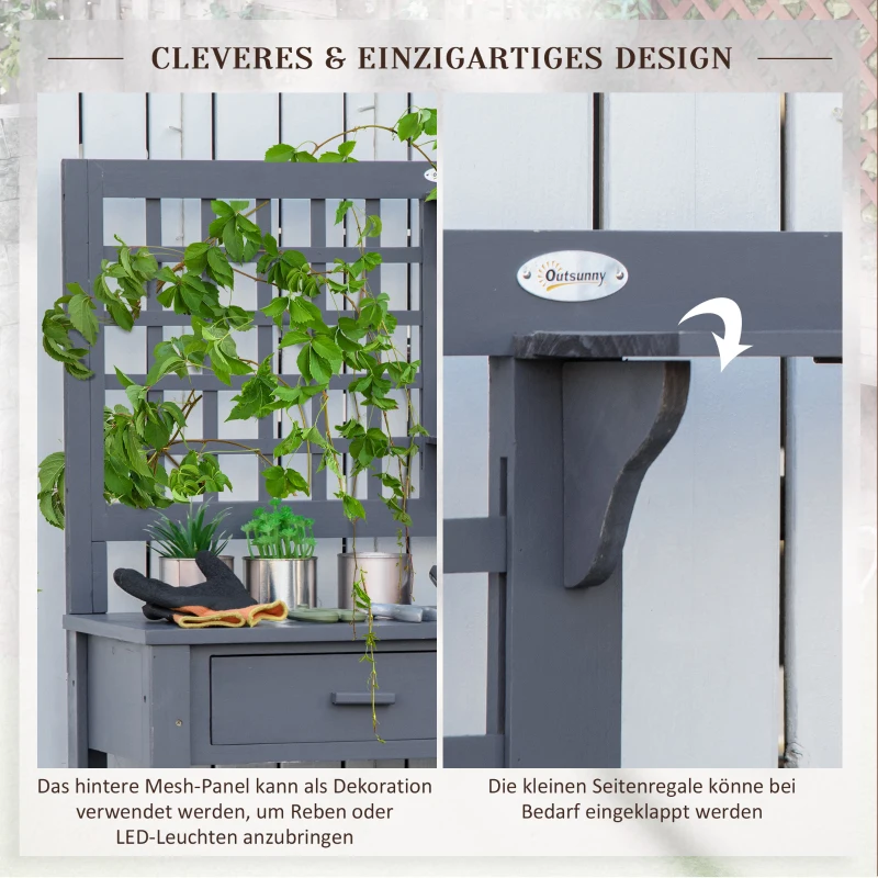 Outsunny Pflanztisch Gärtnertisch aus Holz mit 2 Schubladen Ablagen Gitterwand Holzpflanztisch für Garten Terrasse Grau 105 x 42 x 141,5 cm