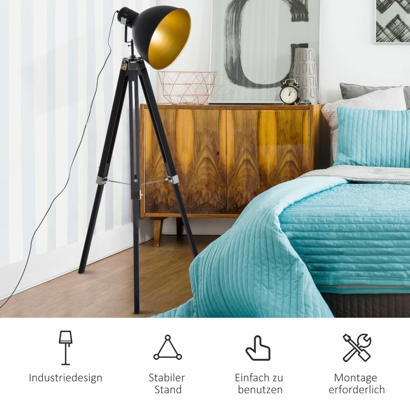 Homcom® staande lamp driepoot vloerlamp in hoogte verstelbaar 108-152 cm E27 industriële zwarte vloerlamp grenen goud 65 l x 65 b x 152 h cm