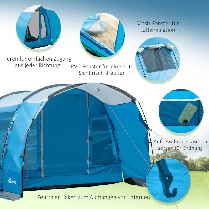 Outsunny Namiot tunelowy dla 5 osób, namiot kempingowy z sypialnią, salonem