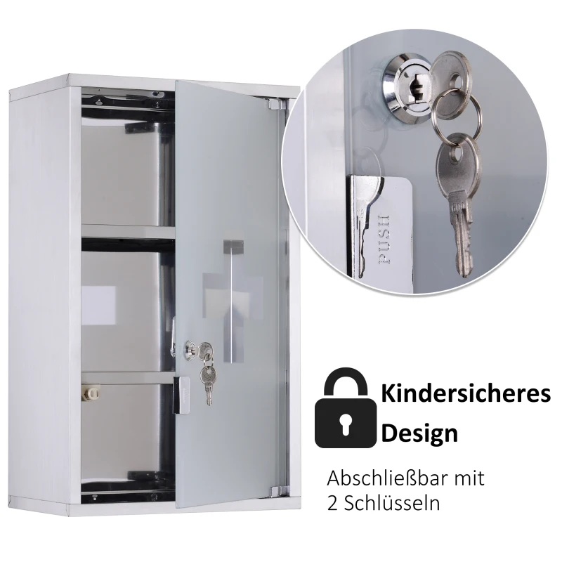 HOMCOM Medicijnkastje medicijnkastje EHBO met slot RVS 30 x 18 x 50 cm