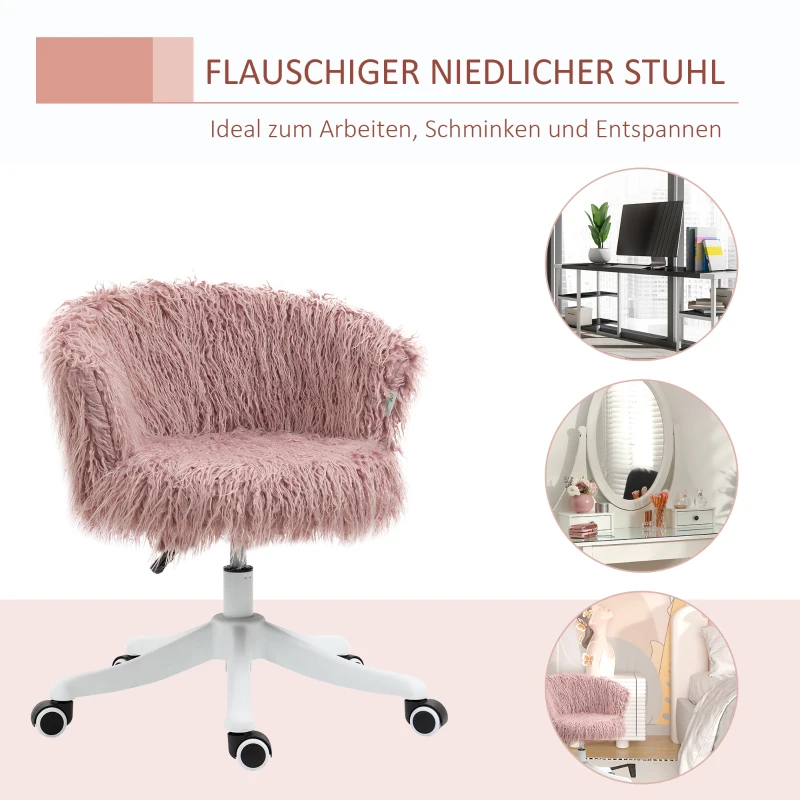 Vinsetto Bürostuhl im Boho-Stil, rosa Plüsch, 360 Grad drehbar, höhenverstellbar, Rosa + Weiß