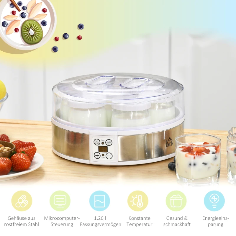 HOMCOM Yoghurtmaker Yoghurtmachine, inclusief 7 glazen, roestvrij staal, 24 cm x 24 cm x 13 cm, zilver + wit(m-5)