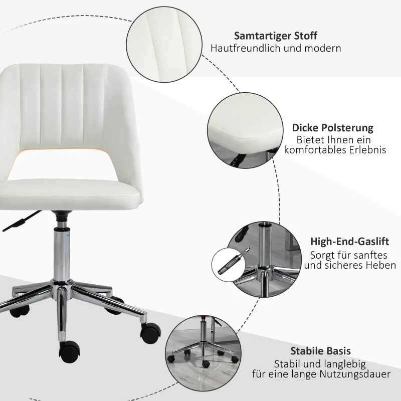 Vinsetto kantoorstoel draaistoel bureaustoel in hoogte verstelbaar 360° draaibaar schelpvorm met naadlijn design schuimstof fluweelzacht polyester beige 49 x 54 x 79-91 cm