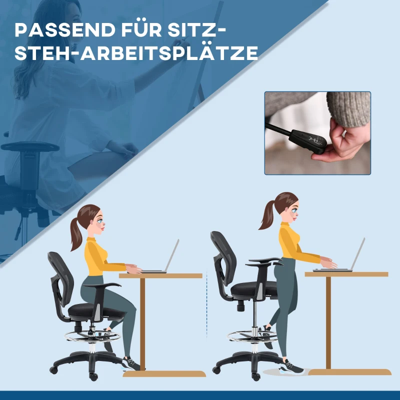 Vinsetto Bureaustoel voor tekenen, computeren en werken, inclusief voetensteun, verstelbaar in hoogte, afmetingen 59 x 59 x 115 cm, zwart(m-5)