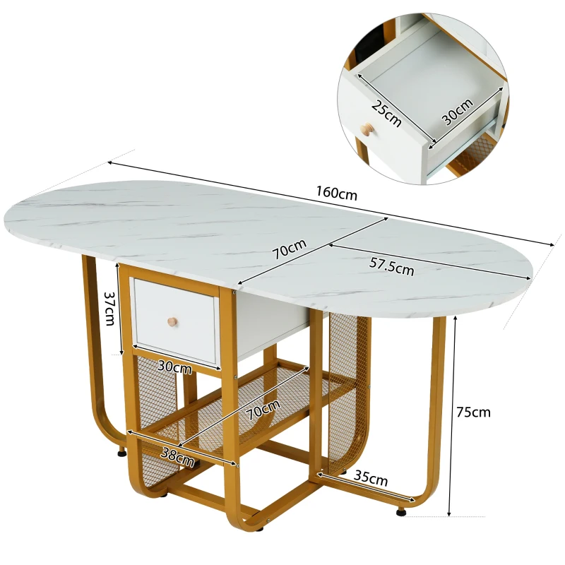 Mesa de Comedor Extensible y Plegable con Cajones y Espacio de Almacenamiento Blanco y Dorado