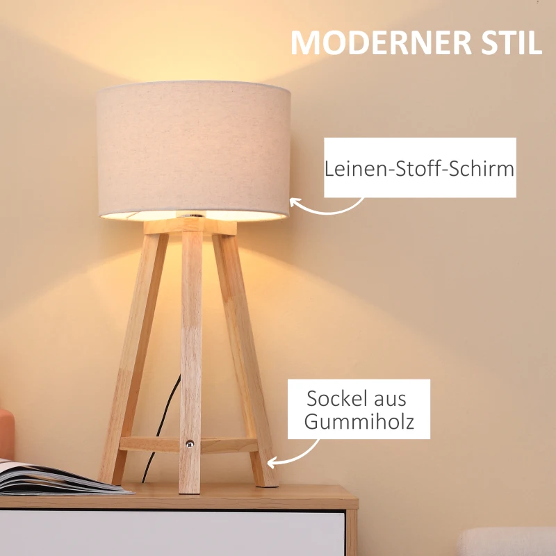 HOMCOM Tischlampe aus Holz Nachttischlampe 58 cm Tischleuchte E27-Fassung 40 W Leinen-Schirme Holzfuß Creme+Natur