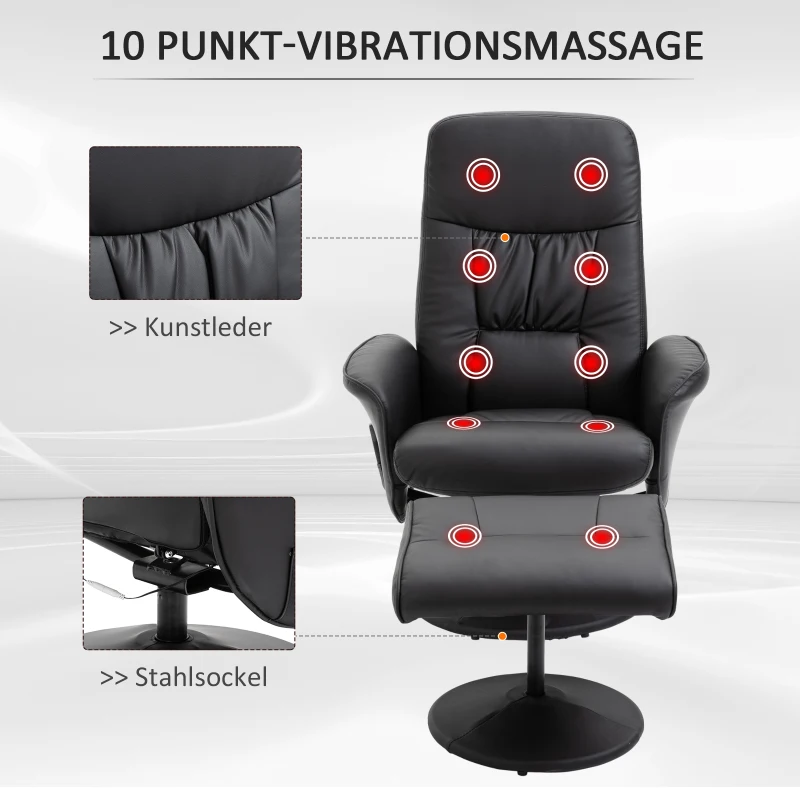 HOMCOM Massagestoel met voetenbank, luxe comfortabele kunstleer 145° hellingshoek tv-stoel zwart(m-4)