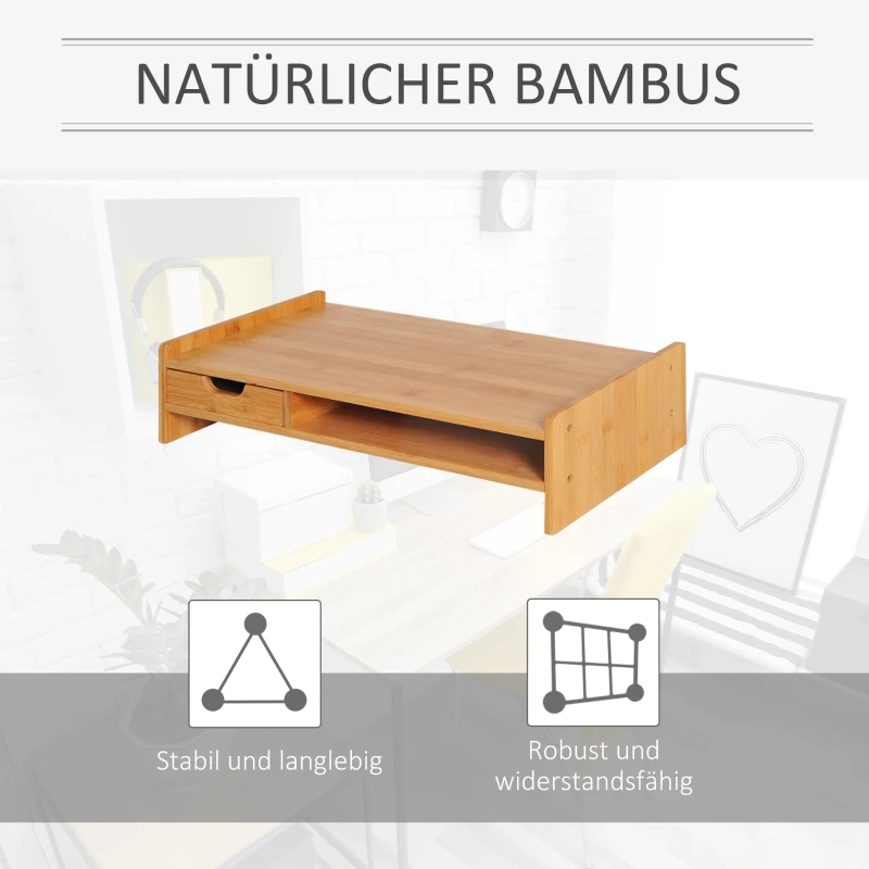 HOMCOM Monitorstandaard met schuifladen schermstandaard bureau-organizer natuurlijk