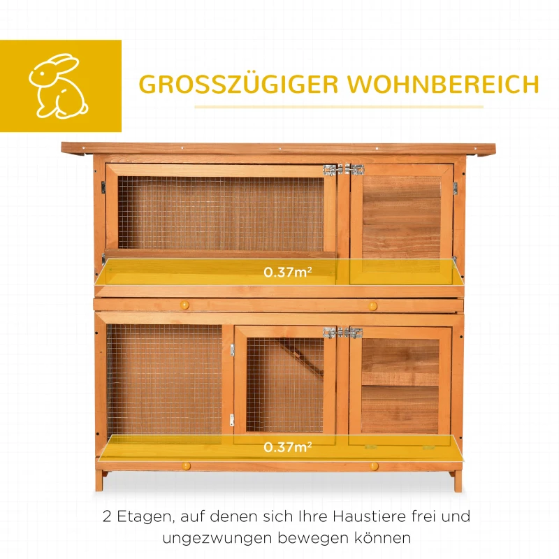 PawHut Kleintierstall Kleintierkäfig Kleintierhaus mit Asphaltdach Meerschweinchenstall Nagerkäfig Doppelstock Winterfest Tannenholz Gelb 120 x 48 x 100 cm