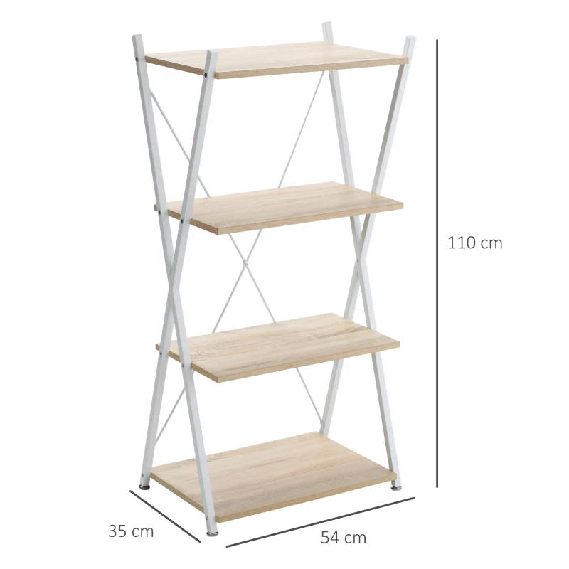 HOMCOM Bücherregal X-Form Standregal mit 4 Ebenen Aufbewahrungsregal für Wohnzimmer Schlafzimmer Küche Büro Spanplatte Metall Natur 54 x 35 x 110 cm