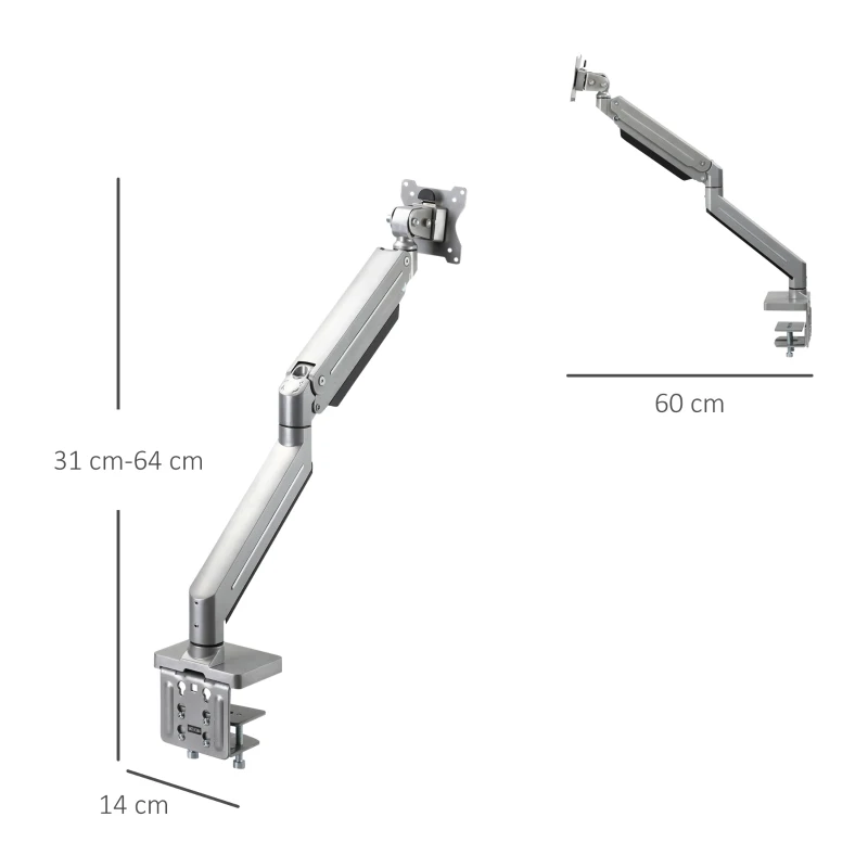 Vinsetto 13-39 Zoll Monitor Halterung Monitorhalter Monitor Tischhalterung Höhenverstellbar Neigbar Schwenkbar drehbar Aluminiumlegierung Silber 60 x 14 x 31-64 cm