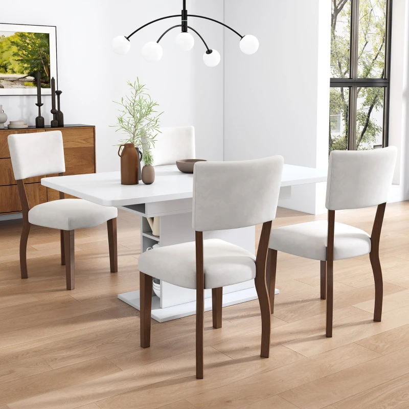 Set di 2 Sedie da Pranzo Moderne in tessuto effetto velluto Imbottite, con Schienale e Gambe in legno, Bianco