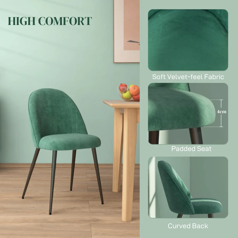 HOMCOM Set de 4 Scaune Tapițate Moderne cu Spătar Curbat, Catifea, Scaune din Țesătură, 50x52x83 cm, Verde