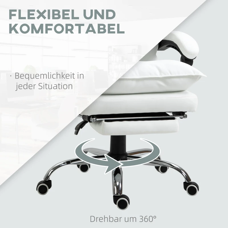 Vinsetto Bürostuhl mit Liegefunktion, ergonomisch höhenverstellbar  mit Fußstütze, gepolstert, bis 135 kg belastbar, 66 x 72 x 122-130 cm, Weiß