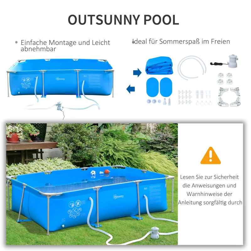 Outsunny Rahmenpool mit Schlauch Draht Swimmingpool Schwimmbad Ablassventil für sauberen Wasser 1000D PVC Stahl Blau 292 x 190 x 75 cm