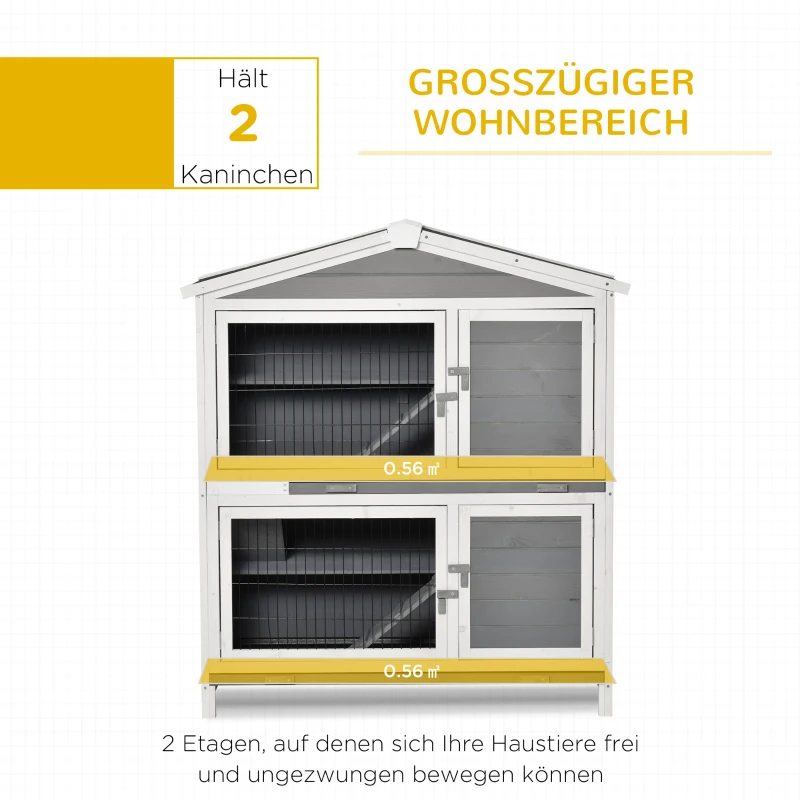 PawHut Kleintierstall 2 Ebenen Design Zwergkaninchenstall Kleintierkäfig mit Rampe Kleintier Tannenholz Hellgrau+Weiß+Schwarz 119 x 61 x 133,5 cm