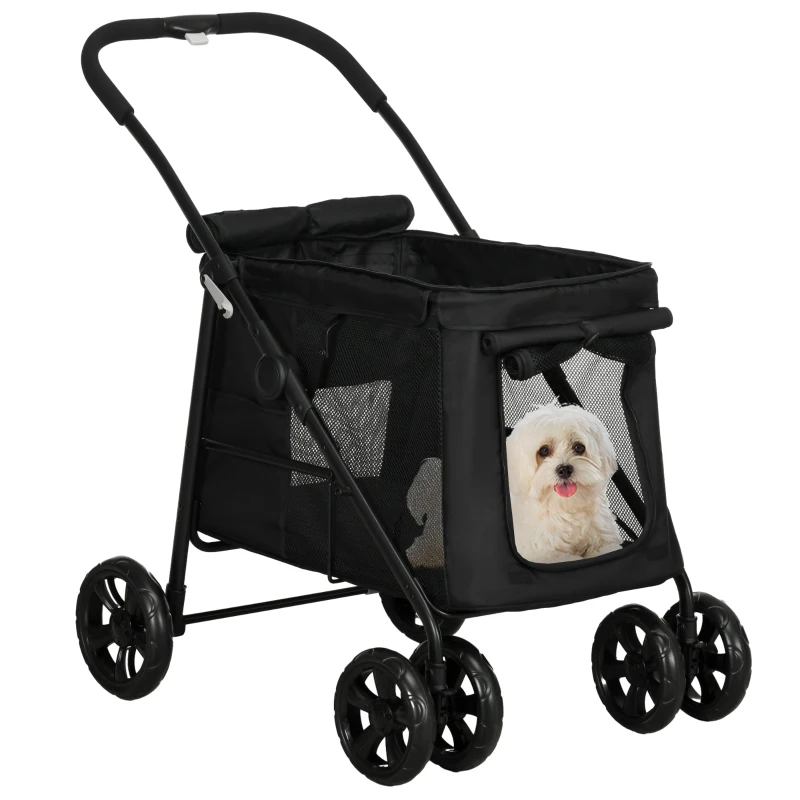PawHut Hondenbuggy met Kussen, 3 Zijvakken, Opvouwbaar, Hondenkar, 102 cm x 62 cm x 105 cm, Zwart(m-11)