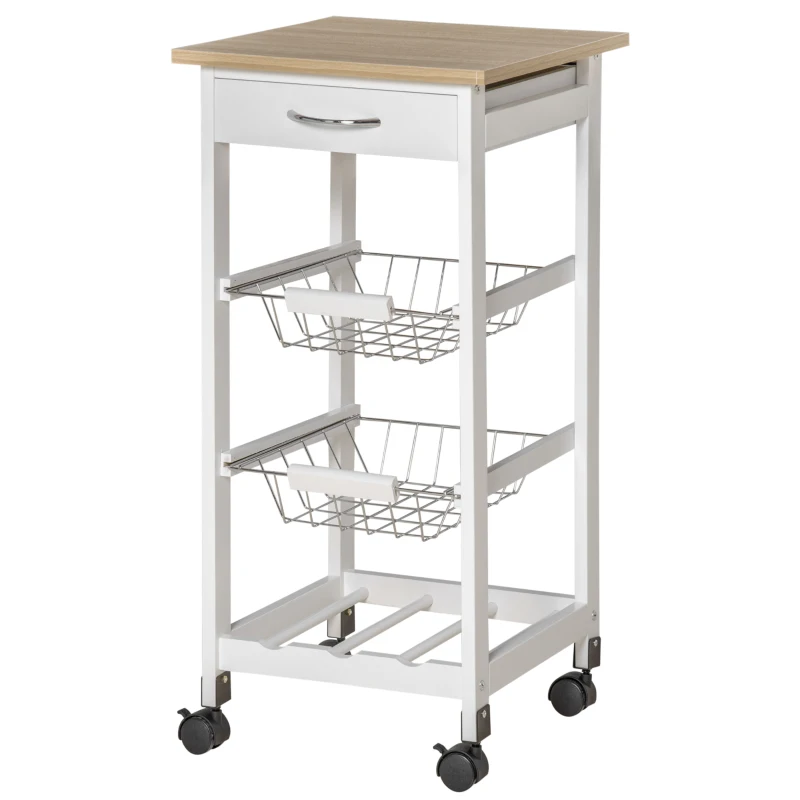 HOMCOM Küchenwagen Rollwagen Allzweckwagen mit ausziehbare Metallkörben und Schublade, Servierwagen mit Rollen, Aufbewahrungswagen für Küche Bad Büro Wohnzimmer Weiß