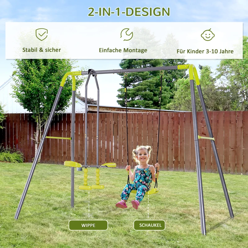 HOMCOM Kinderschaukel Doppelschaukel Gartenschaukel Schaukelgerüst Schaukelset mit Metallgestell Wippe 3–10 Jahre bis 3 Kinder