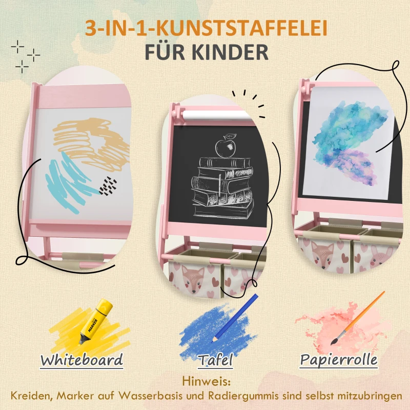 AIYAPLAY 3-in-1 Kinderstaffelei met Papierrol, Krijtbord, Whiteboard, Opbergmanden, 54 x 46,5 x 93 cm, Roze(m-4)