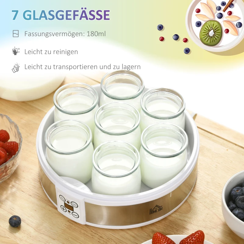 HOMCOM Yoghurtmaker Yoghurtmachine, inclusief 7 glazen, roestvrij staal, 24 cm x 24 cm x 13 cm, zilver + wit(m-4)