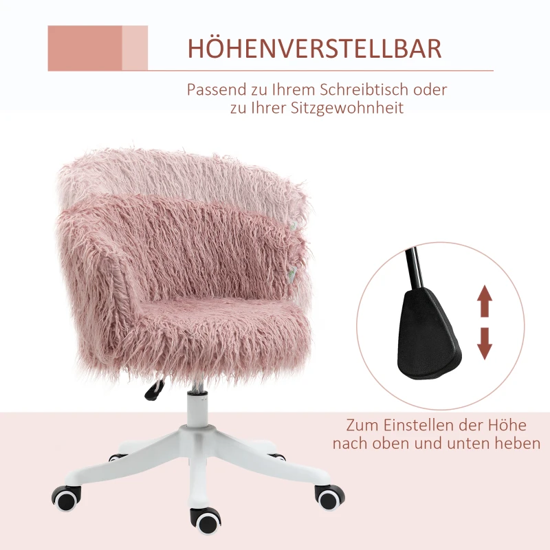 Vinsetto Bürostuhl im Boho-Stil, rosa Plüsch, 360 Grad drehbar, höhenverstellbar, Rosa + Weiß