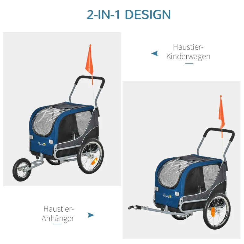 PawHut 2-in-1 Hundeanhänger Haustier Fahrradanhänger Hundetransporter Hunde Fahrrad Anhänger Oxfordstoff Atmungsaktiv Metall Oxford Gewebe Blau+Grau 122 x 58 x 74 cm